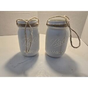 Ball Mason Jars Set of 2 White chalk Painted Distressed Rustic Hanging Decor